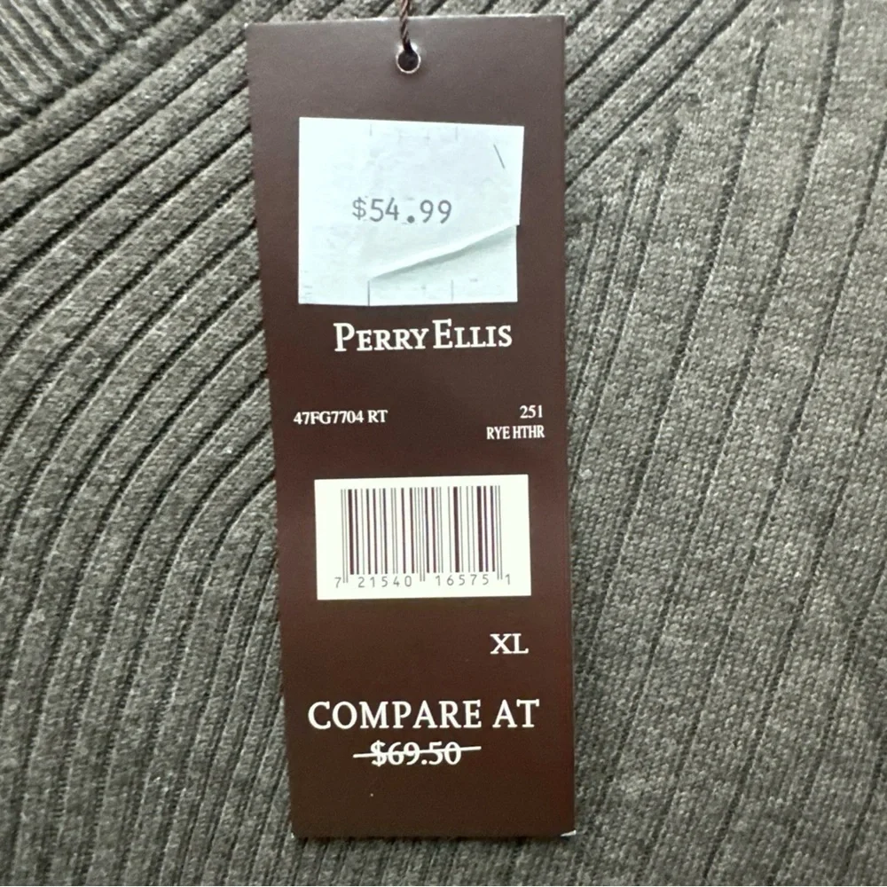 NEW Perry Ellis Sweater Mens XL Rye Heathered Cotton Ribbed V-Neck Pullover